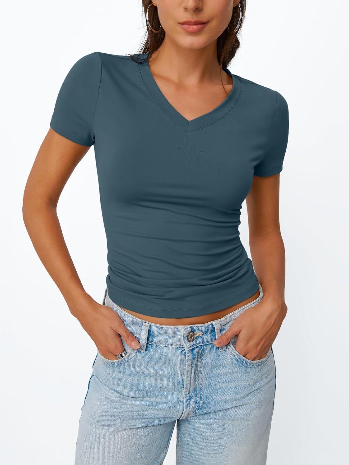 imageTrendy Queen Womens Basic V Neck Short Sleeve T Shirts Slim Fit Crop Y2k Tee 2025 Summer Cute Gym Fashion ClothesHazeblue