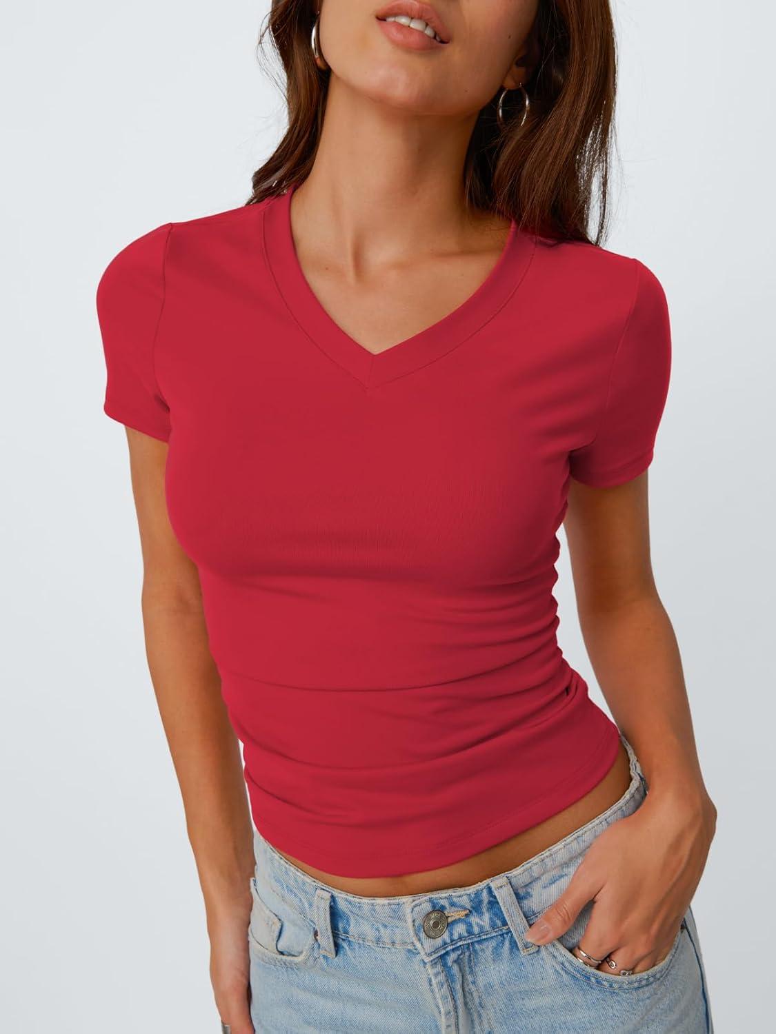 imageTrendy Queen Womens Basic V Neck Short Sleeve T Shirts Slim Fit Crop Y2k Tee 2025 Summer Cute Gym Fashion ClothesRed