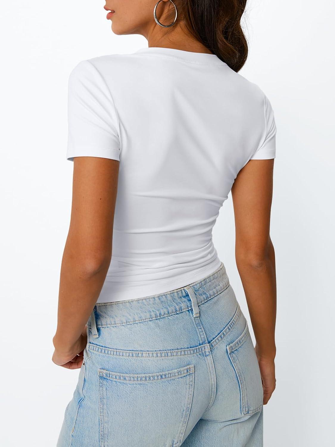 imageTrendy Queen Womens Basic V Neck Short Sleeve T Shirts Slim Fit Crop Y2k Tee 2025 Summer Cute Gym Fashion ClothesWhite