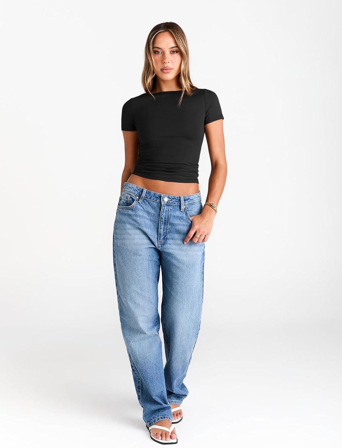 imageTrendy Queen Womens Boat Neck Tops Short Sleeve TShirts Slim Fitted Compression Summer Y2k Basic Clothes 2025Black