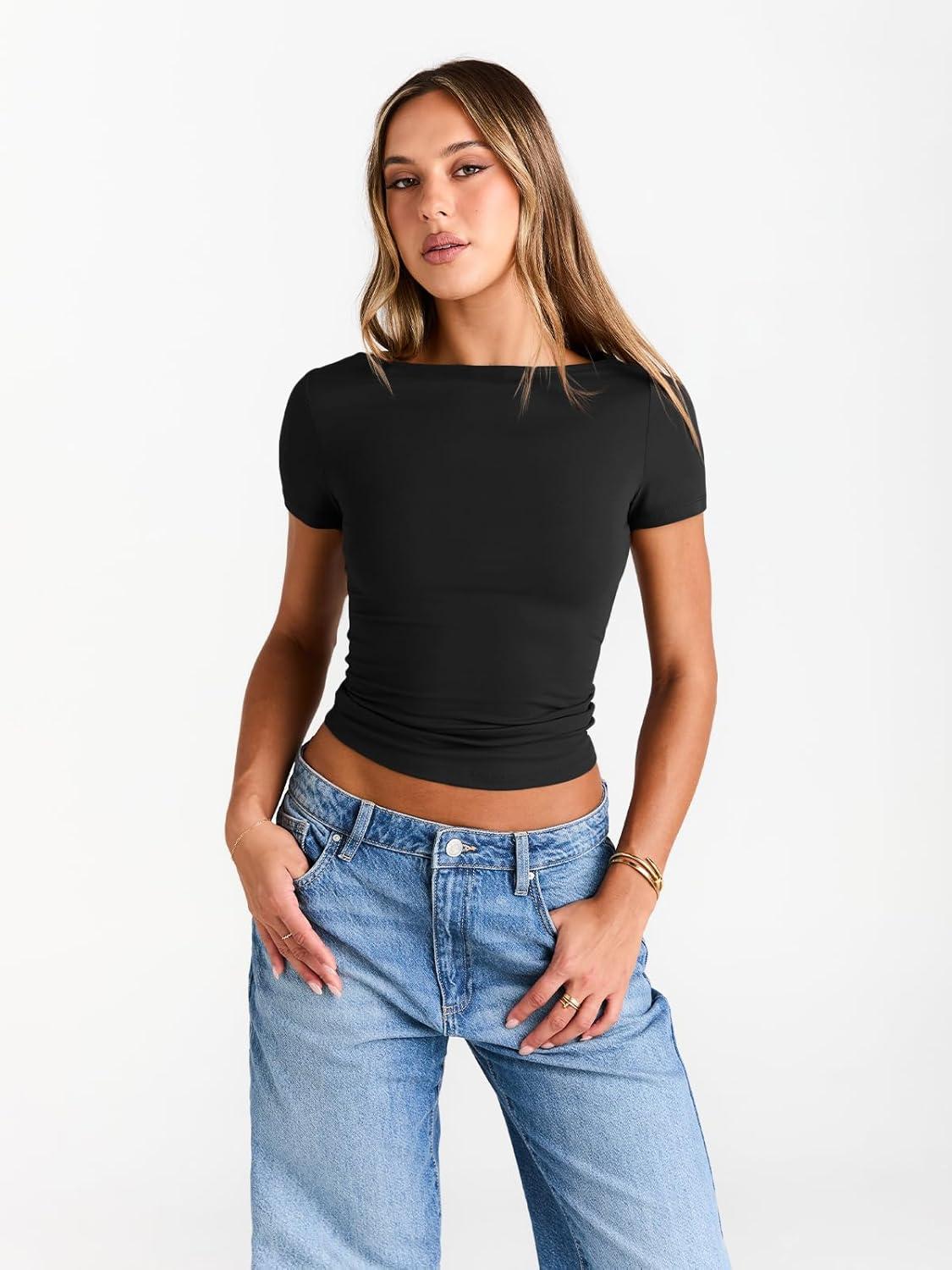 imageTrendy Queen Womens Boat Neck Tops Short Sleeve TShirts Slim Fitted Compression Summer Y2k Basic Clothes 2025Black