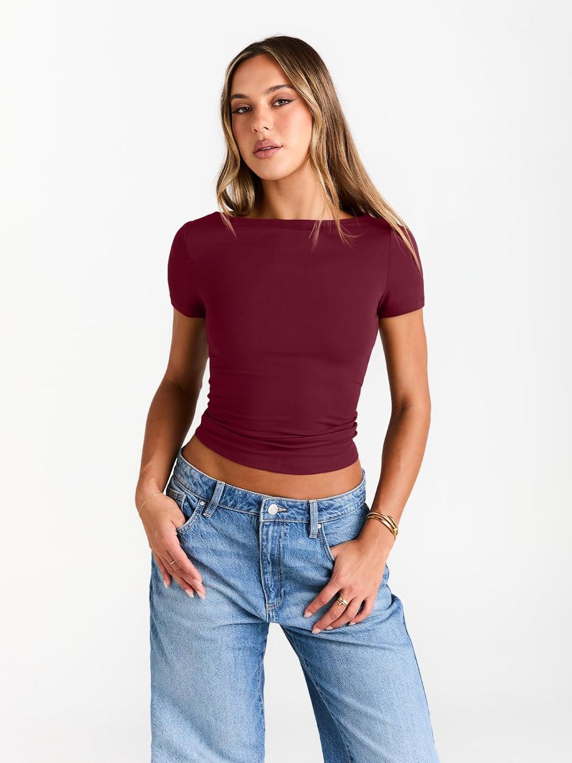 imageTrendy Queen Womens Boat Neck Tops Short Sleeve TShirts Slim Fitted Compression Summer Y2k Basic Clothes 2025Burgundy