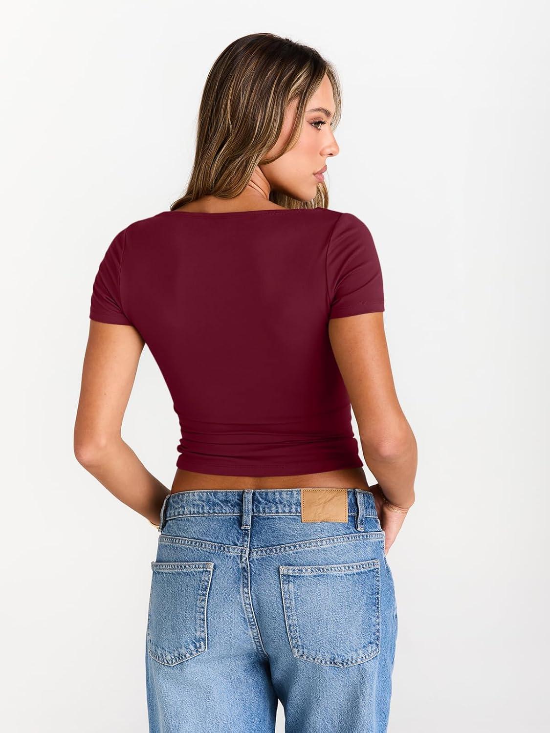 imageTrendy Queen Womens Boat Neck Tops Short Sleeve TShirts Slim Fitted Compression Summer Y2k Basic Clothes 2025Burgundy