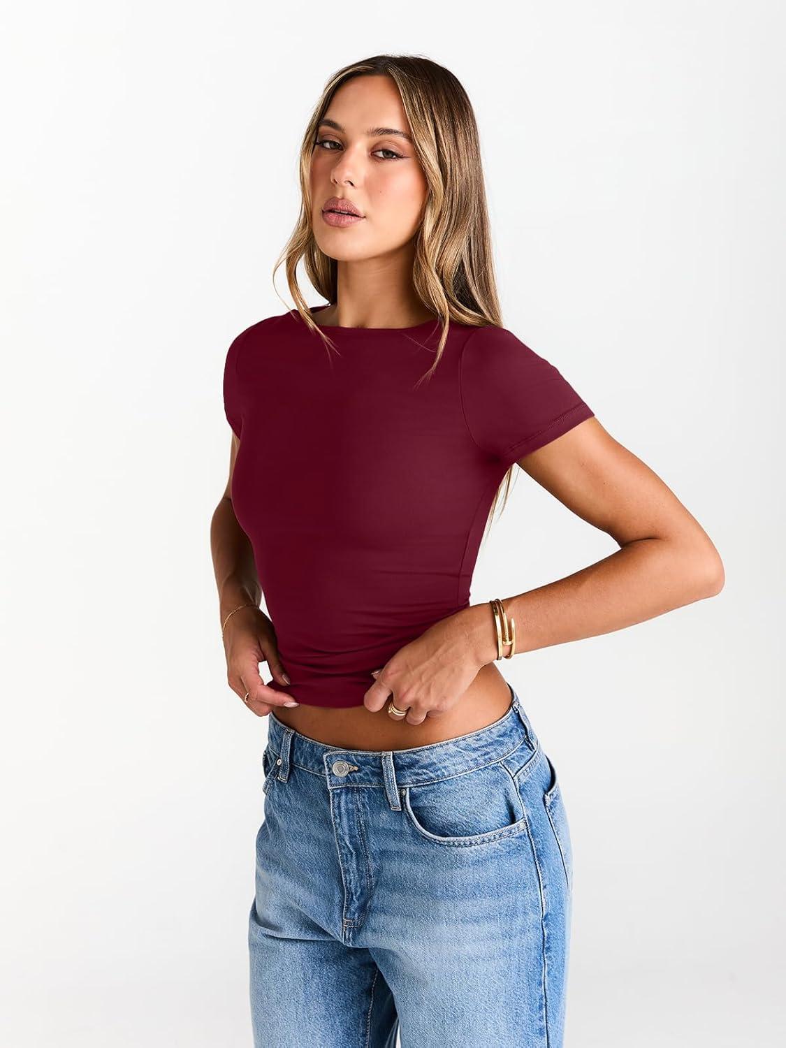 imageTrendy Queen Womens Boat Neck Tops Short Sleeve TShirts Slim Fitted Compression Summer Y2k Basic Clothes 2025Burgundy