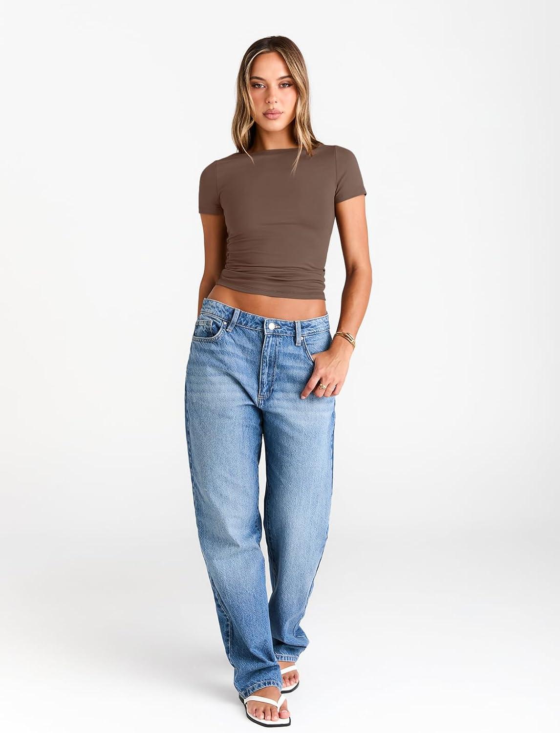imageTrendy Queen Womens Boat Neck Tops Short Sleeve TShirts Slim Fitted Compression Summer Y2k Basic Clothes 2025Coffee