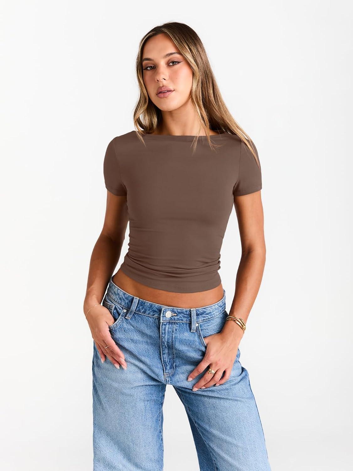 imageTrendy Queen Womens Boat Neck Tops Short Sleeve TShirts Slim Fitted Compression Summer Y2k Basic Clothes 2025Coffee