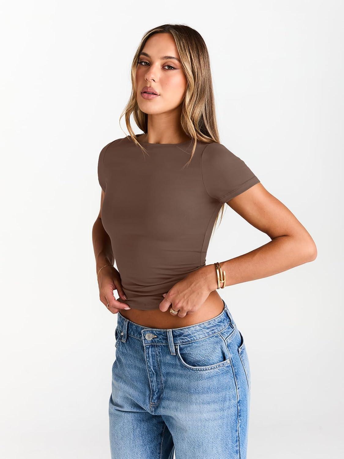imageTrendy Queen Womens Boat Neck Tops Short Sleeve TShirts Slim Fitted Compression Summer Y2k Basic Clothes 2025Coffee