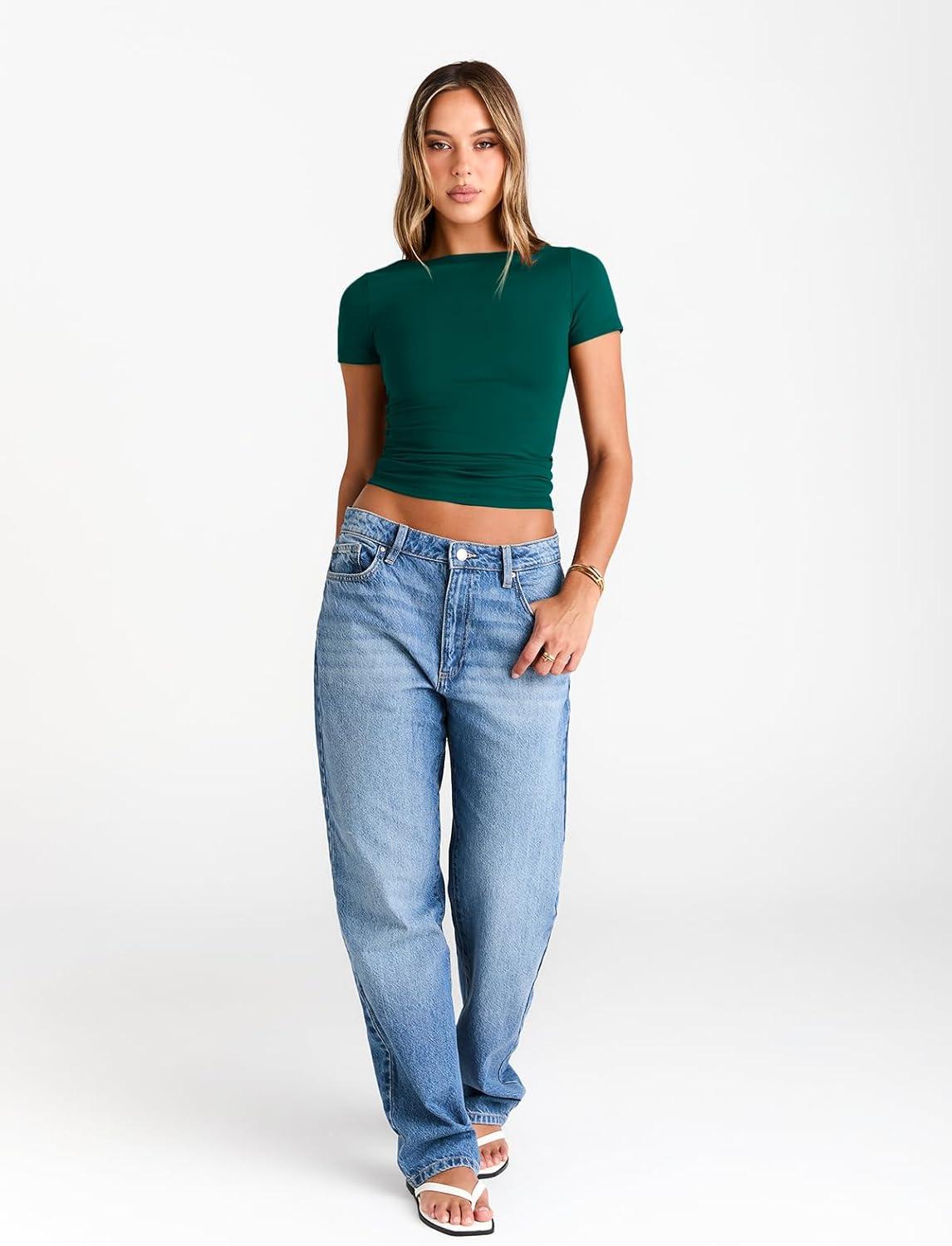 imageTrendy Queen Womens Boat Neck Tops Short Sleeve TShirts Slim Fitted Compression Summer Y2k Basic Clothes 2025Darkgreen