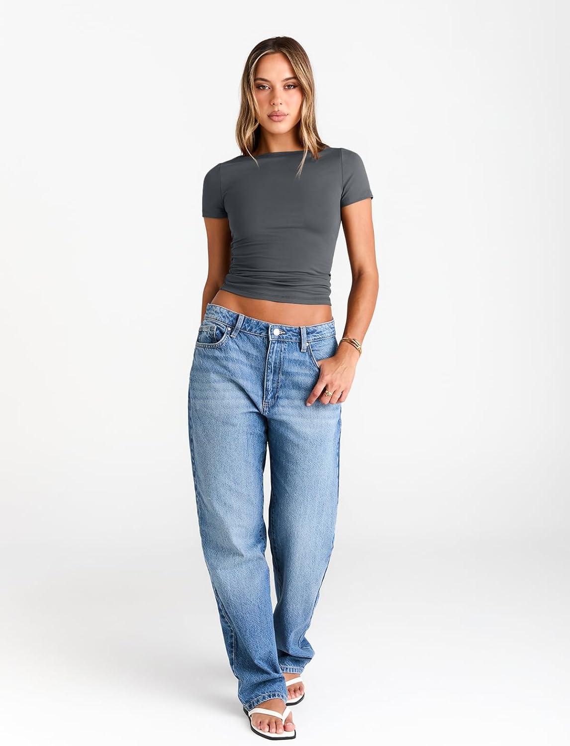 imageTrendy Queen Womens Boat Neck Tops Short Sleeve TShirts Slim Fitted Compression Summer Y2k Basic Clothes 2025Gray