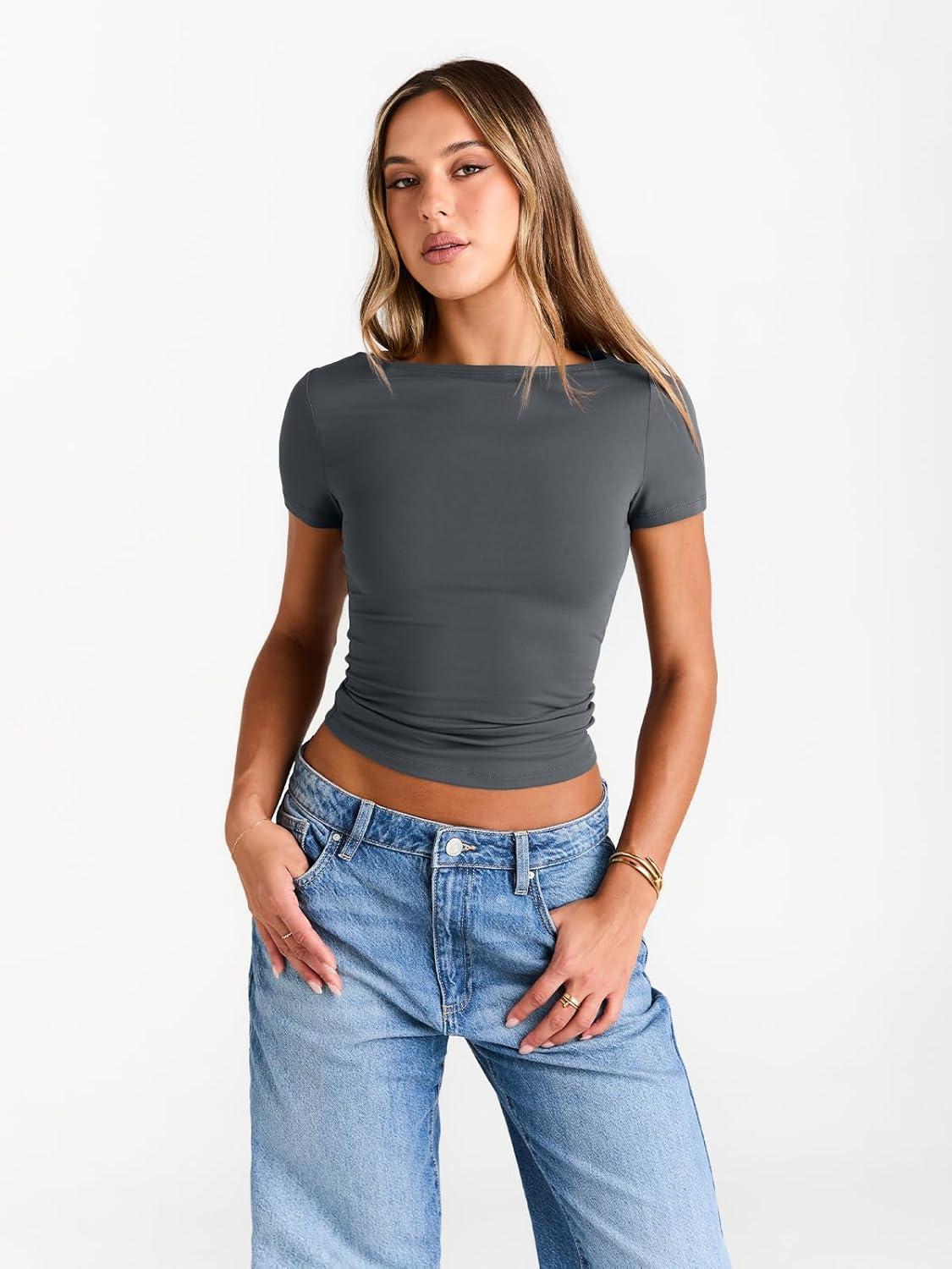 imageTrendy Queen Womens Boat Neck Tops Short Sleeve TShirts Slim Fitted Compression Summer Y2k Basic Clothes 2025Gray
