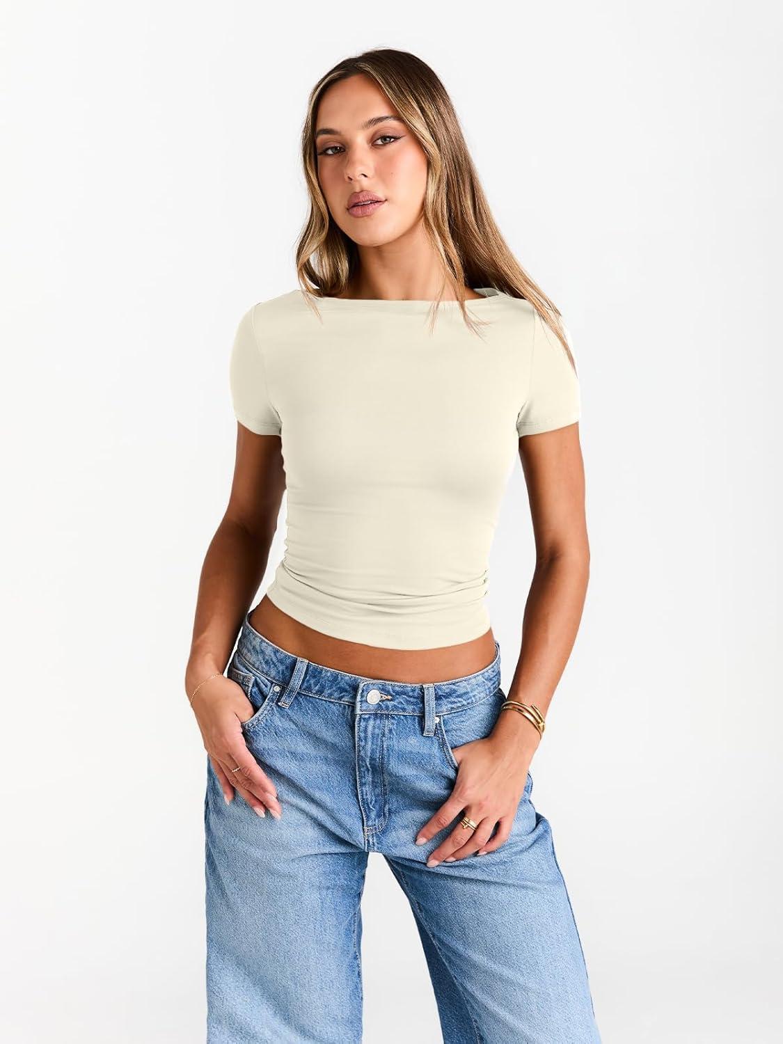 imageTrendy Queen Womens Boat Neck Tops Short Sleeve TShirts Slim Fitted Compression Summer Y2k Basic Clothes 2025Lightapricot