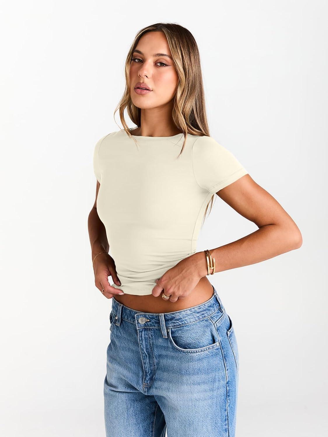 imageTrendy Queen Womens Boat Neck Tops Short Sleeve TShirts Slim Fitted Compression Summer Y2k Basic Clothes 2025Lightapricot