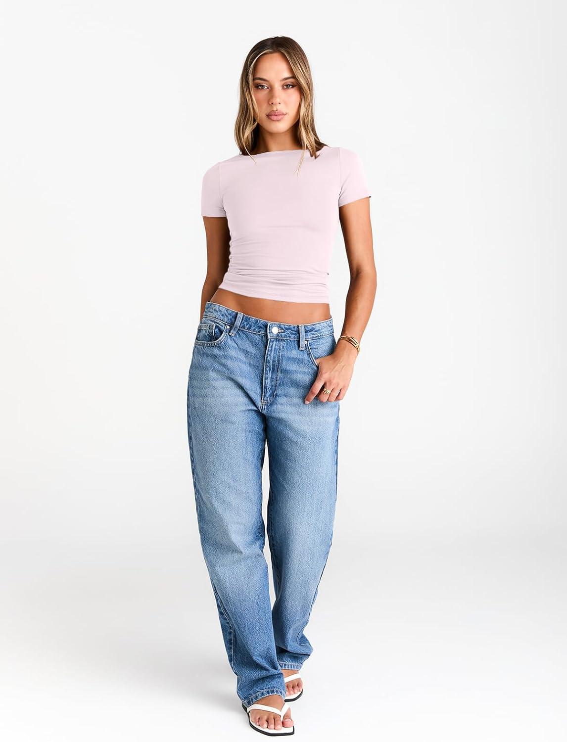 imageTrendy Queen Womens Boat Neck Tops Short Sleeve TShirts Slim Fitted Compression Summer Y2k Basic Clothes 2025Lightpink