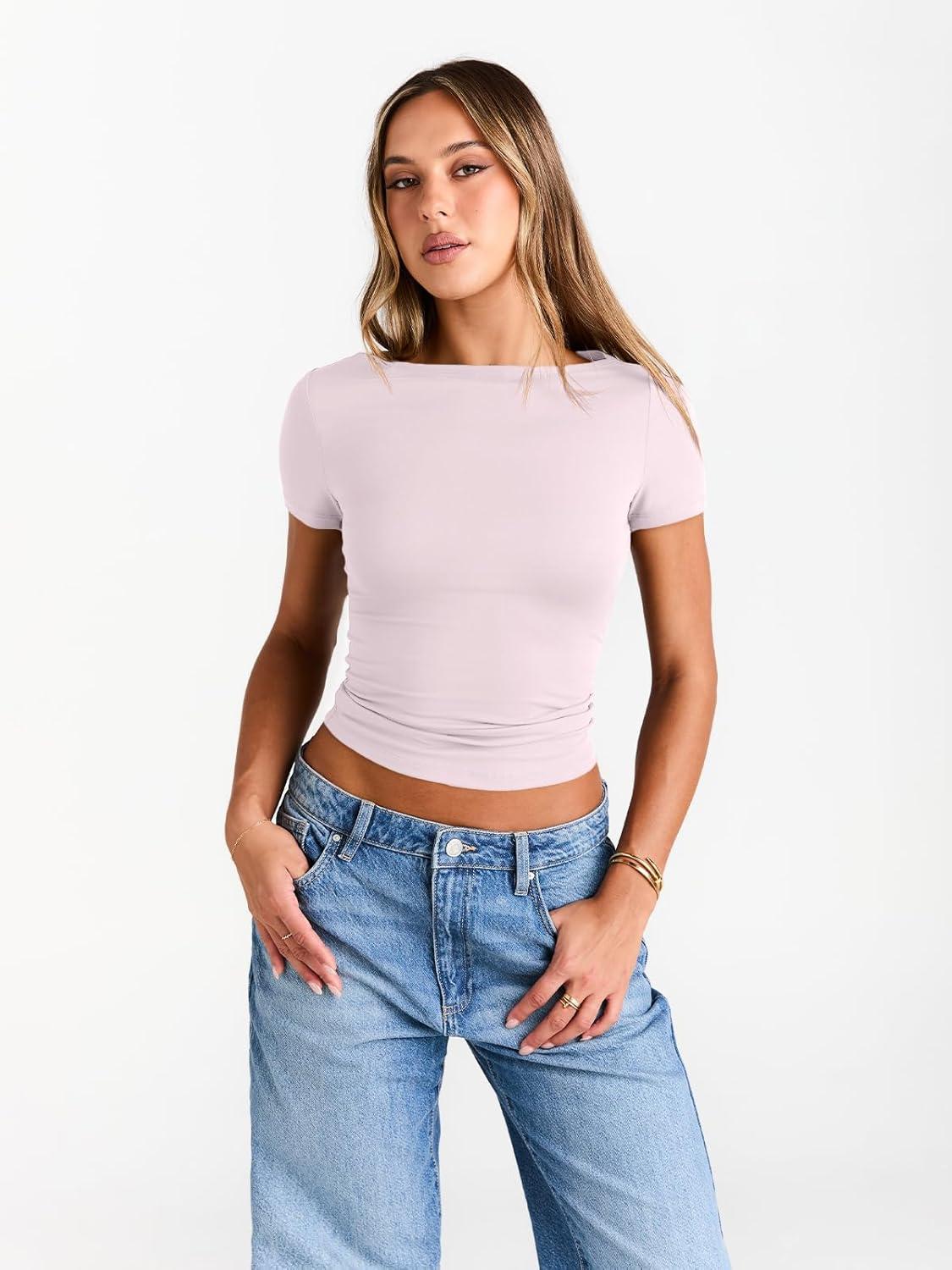 imageTrendy Queen Womens Boat Neck Tops Short Sleeve TShirts Slim Fitted Compression Summer Y2k Basic Clothes 2025Lightpink