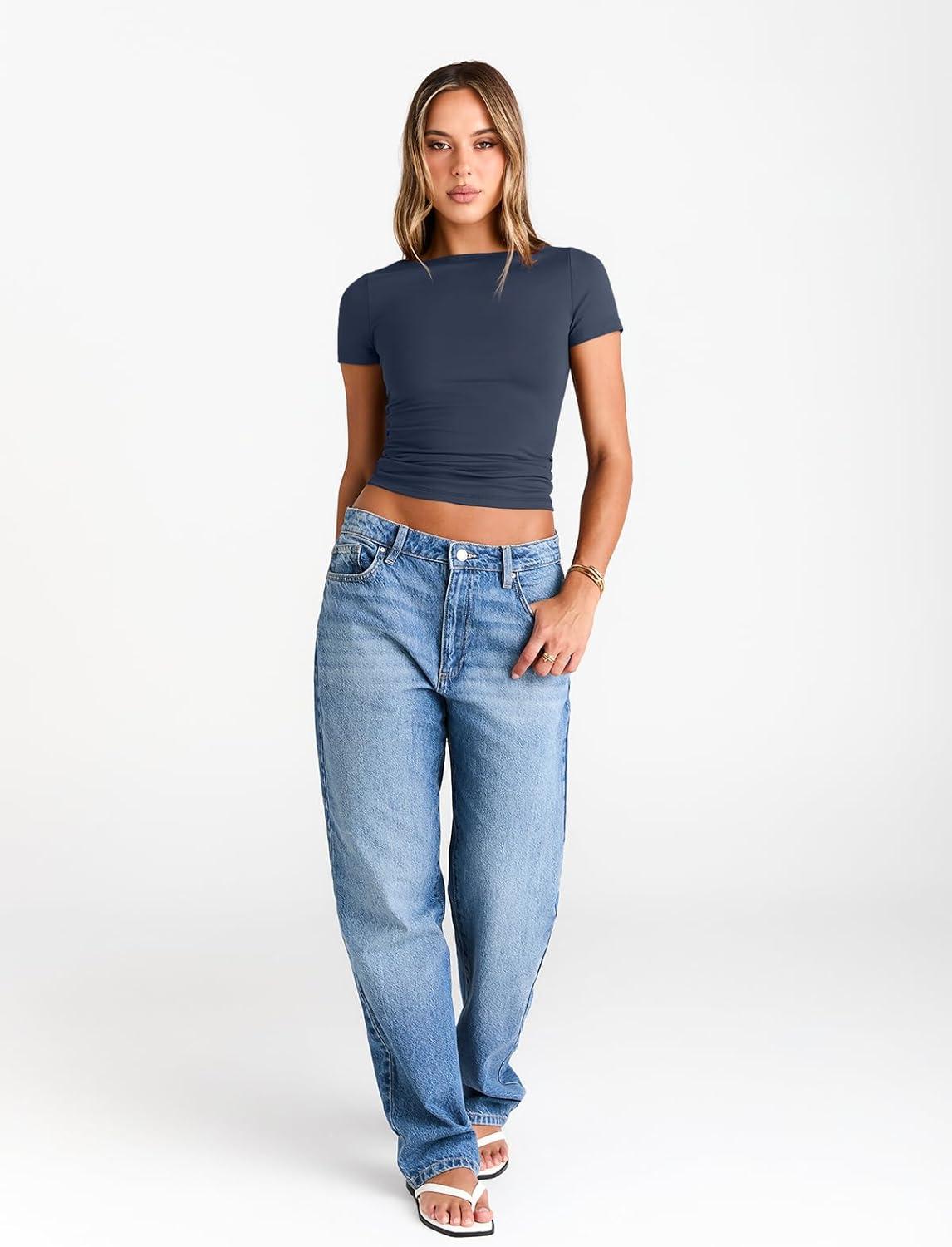 imageTrendy Queen Womens Boat Neck Tops Short Sleeve TShirts Slim Fitted Compression Summer Y2k Basic Clothes 2025Navy