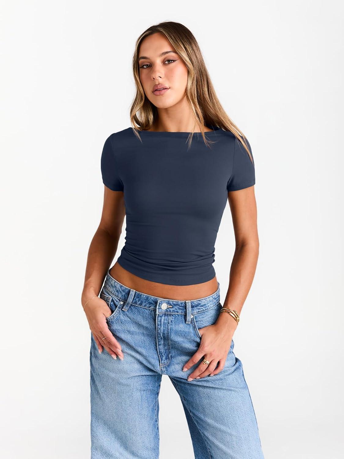 imageTrendy Queen Womens Boat Neck Tops Short Sleeve TShirts Slim Fitted Compression Summer Y2k Basic Clothes 2025Navy