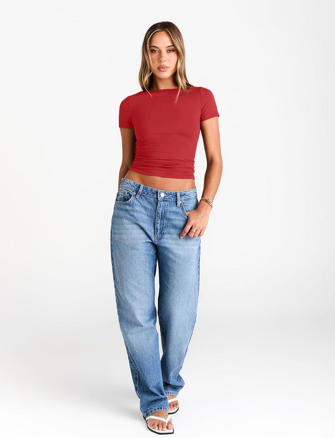 imageTrendy Queen Womens Boat Neck Tops Short Sleeve TShirts Slim Fitted Compression Summer Y2k Basic Clothes 2025Red