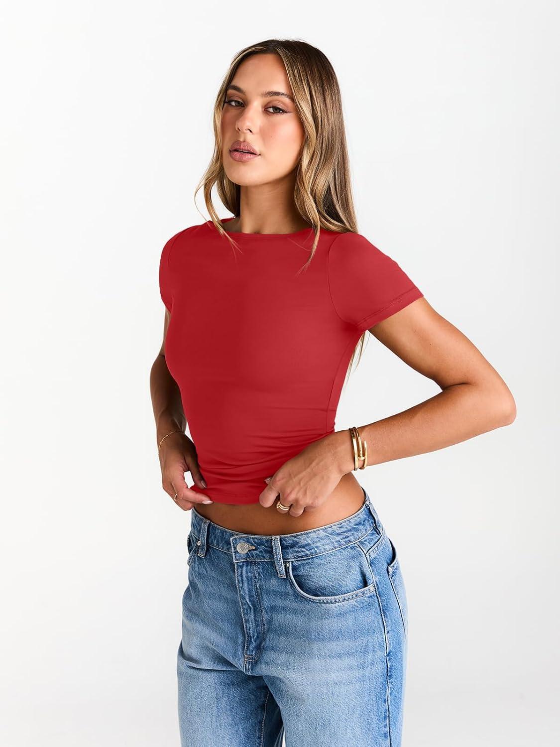 imageTrendy Queen Womens Boat Neck Tops Short Sleeve TShirts Slim Fitted Compression Summer Y2k Basic Clothes 2025Red