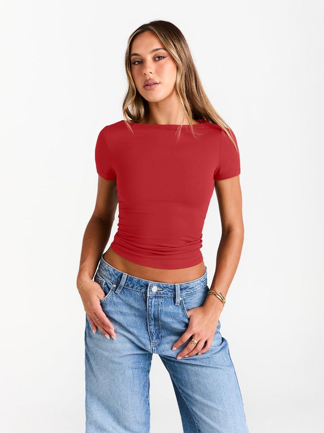 imageTrendy Queen Womens Boat Neck Tops Short Sleeve TShirts Slim Fitted Compression Summer Y2k Basic Clothes 2025Red
