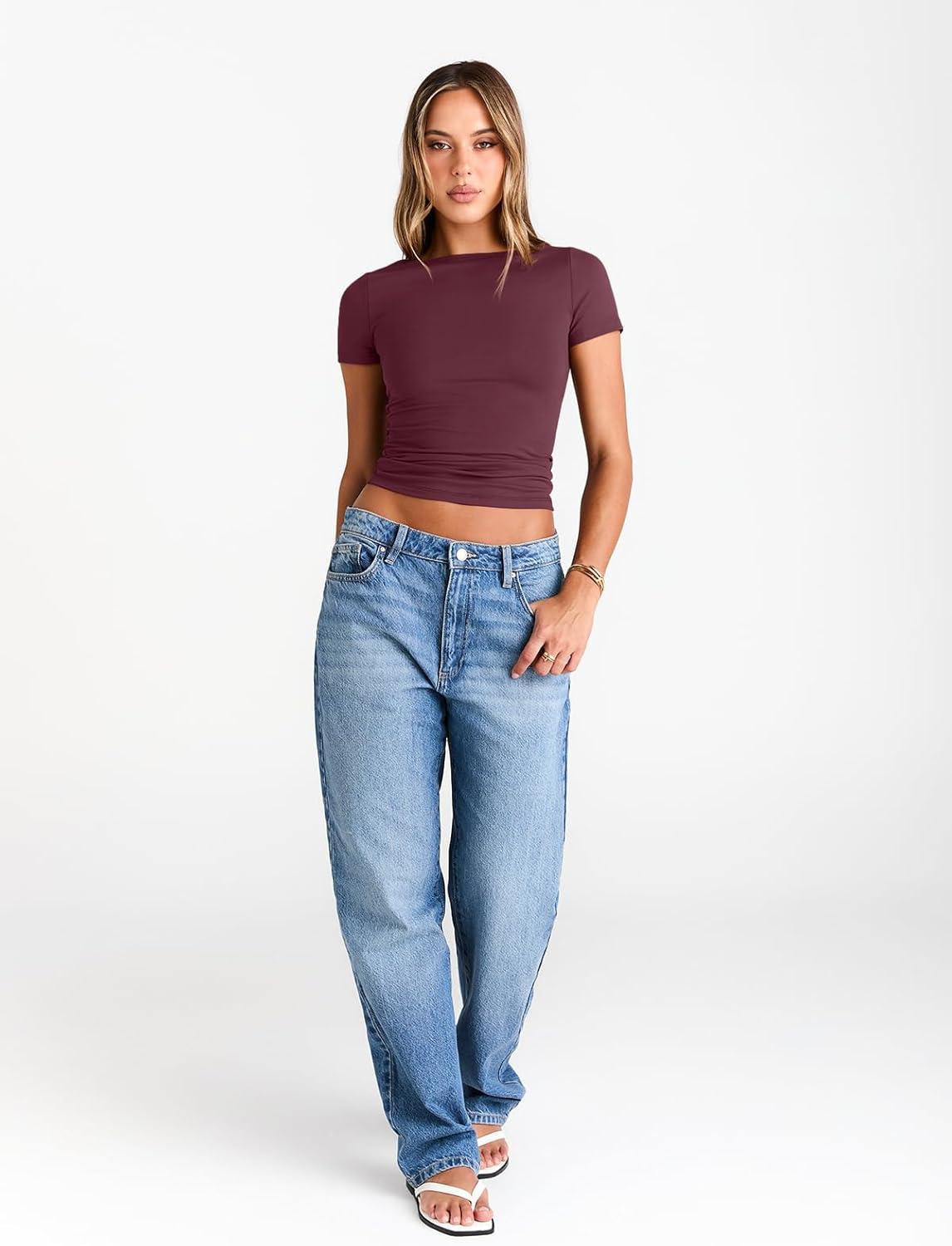imageTrendy Queen Womens Boat Neck Tops Short Sleeve TShirts Slim Fitted Compression Summer Y2k Basic Clothes 2025Winered