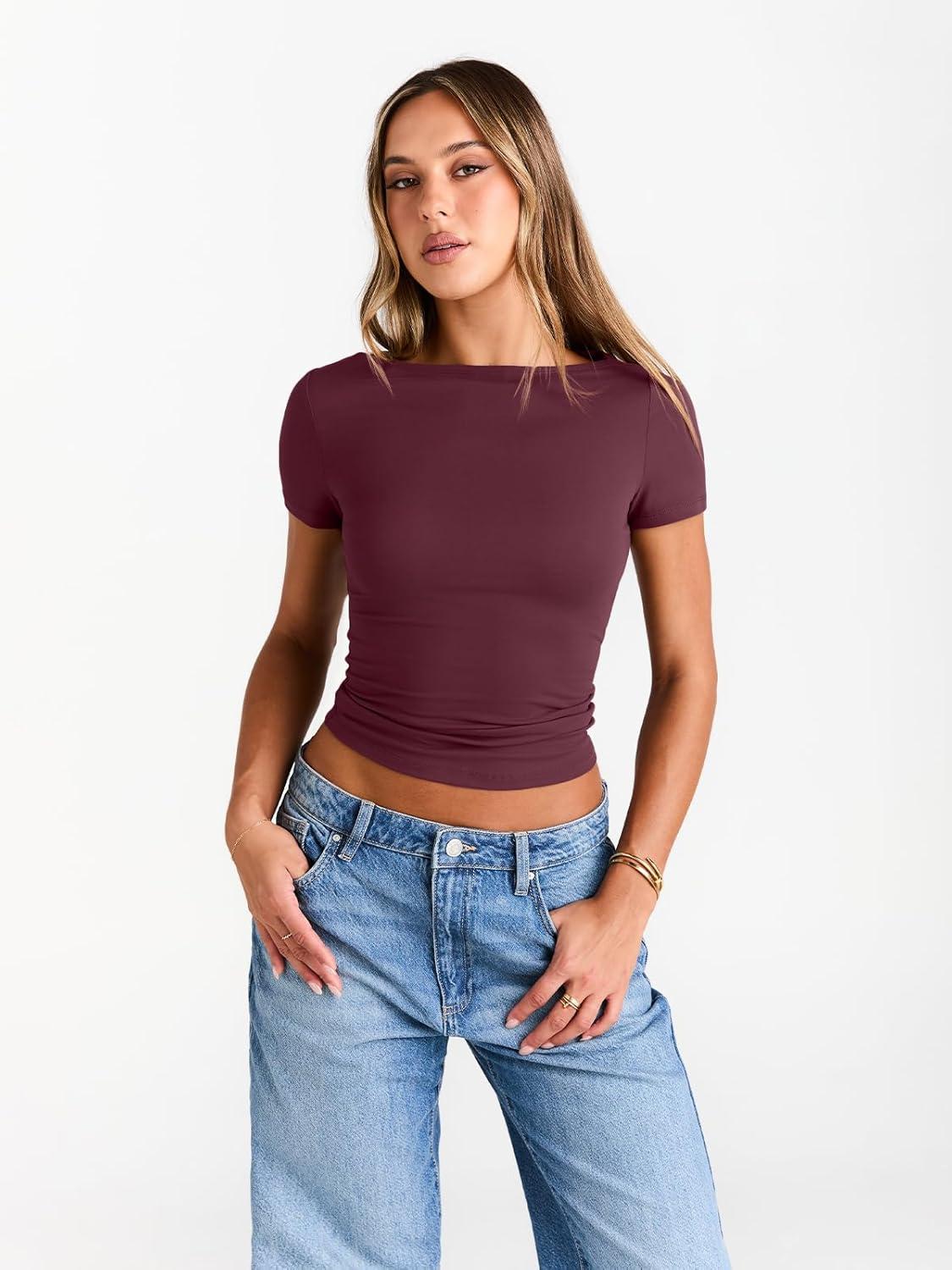 imageTrendy Queen Womens Boat Neck Tops Short Sleeve TShirts Slim Fitted Compression Summer Y2k Basic Clothes 2025Winered