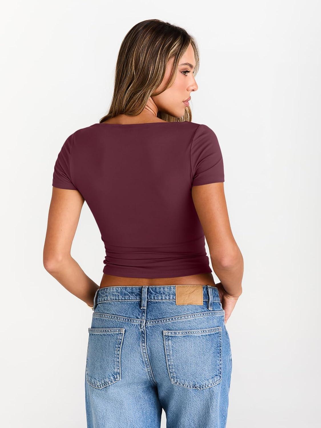 imageTrendy Queen Womens Boat Neck Tops Short Sleeve TShirts Slim Fitted Compression Summer Y2k Basic Clothes 2025Winered