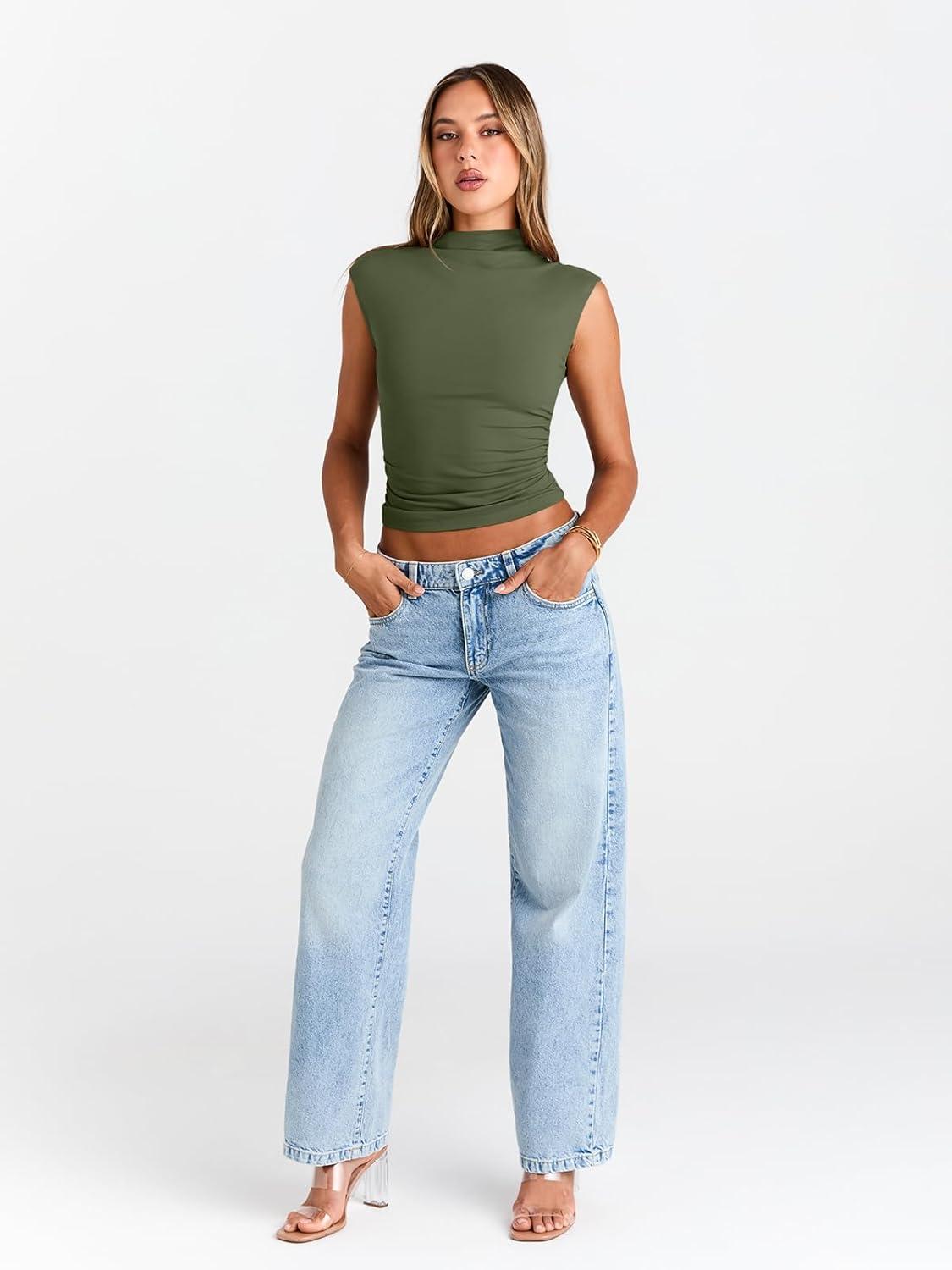 imageTrendy Queen Womens Going Out Basic Tank Tops Mock Neck Spring Clothes Sleeveless Cute Shirts Summer Y2K Sexy Outfits 2025Armygreen