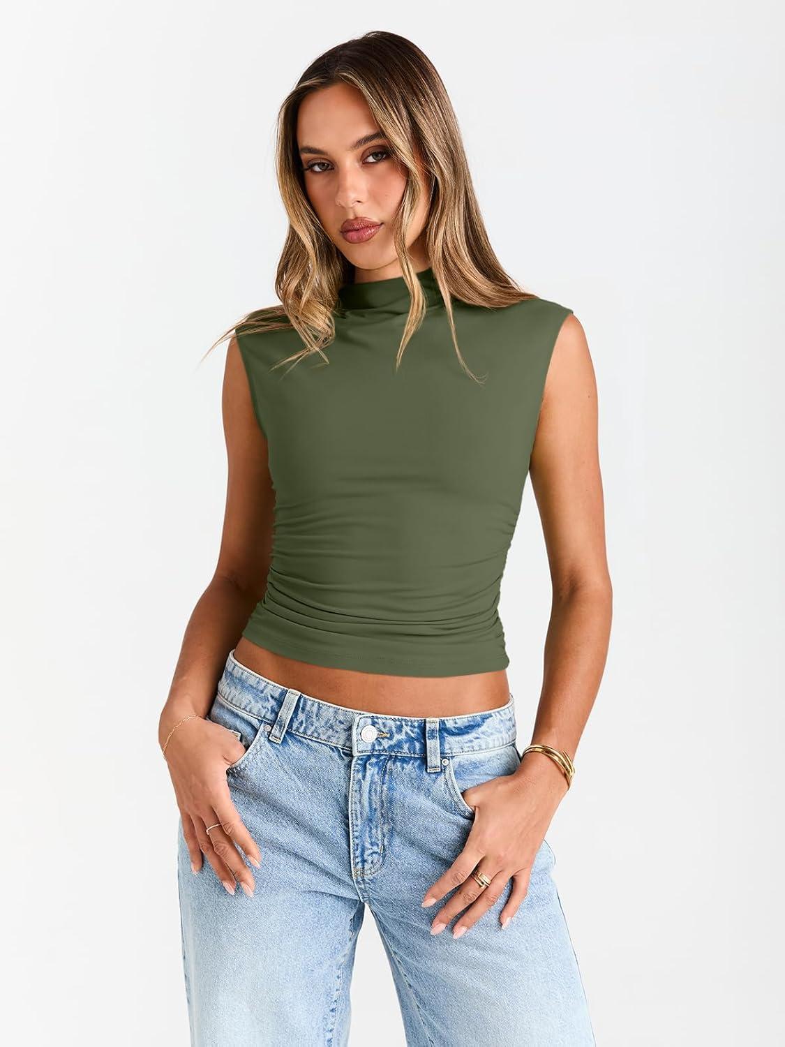imageTrendy Queen Womens Going Out Basic Tank Tops Mock Neck Spring Clothes Sleeveless Cute Shirts Summer Y2K Sexy Outfits 2025Armygreen