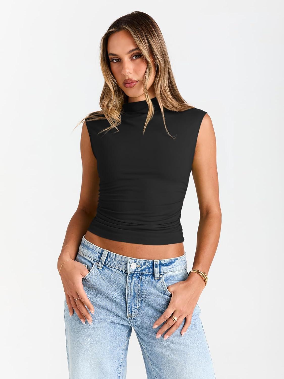 imageTrendy Queen Womens Going Out Basic Tank Tops Mock Neck Spring Clothes Sleeveless Cute Shirts Summer Y2K Sexy Outfits 2025Black