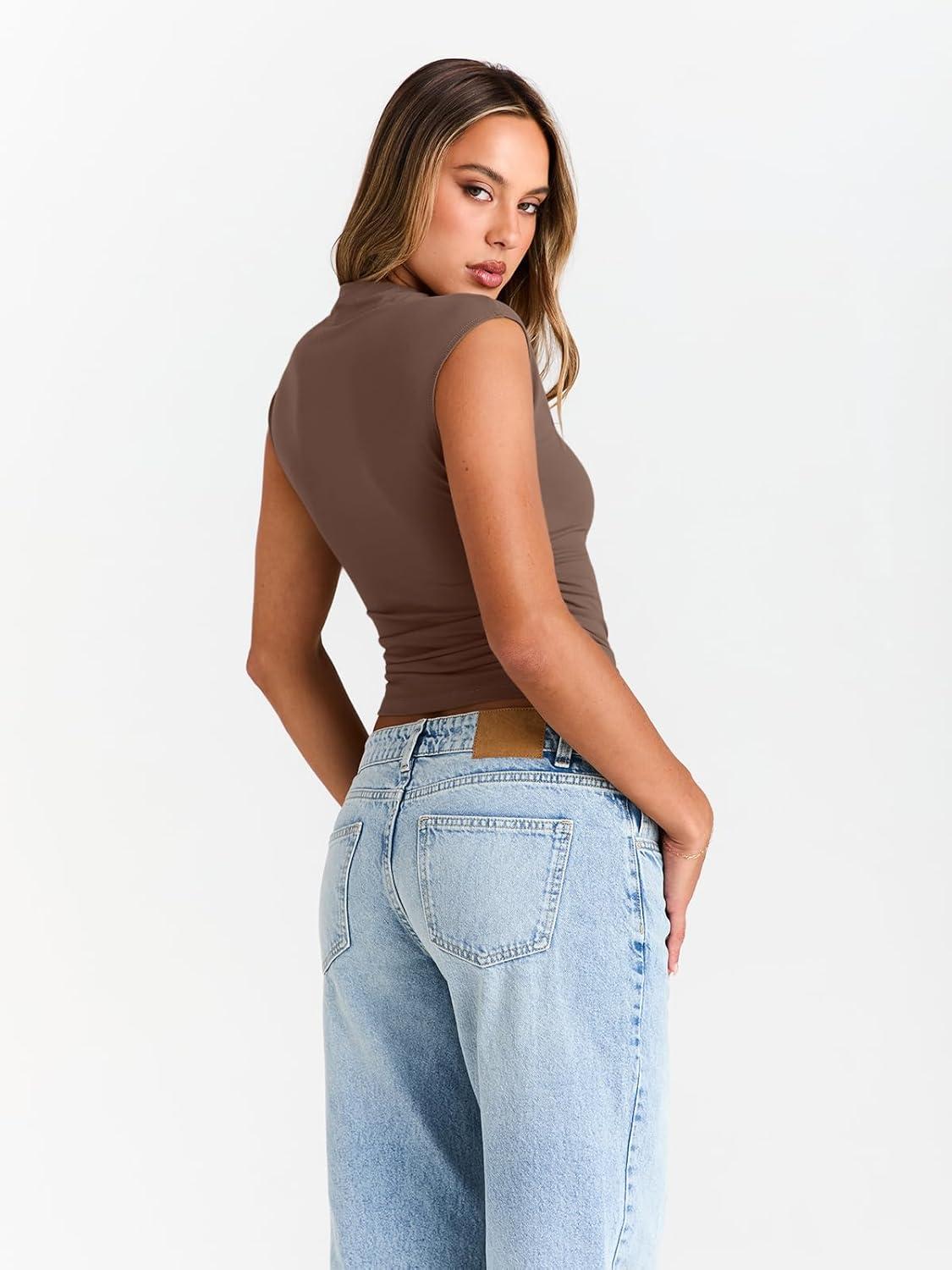 imageTrendy Queen Womens Going Out Basic Tank Tops Mock Neck Spring Clothes Sleeveless Cute Shirts Summer Y2K Sexy Outfits 2025Brown