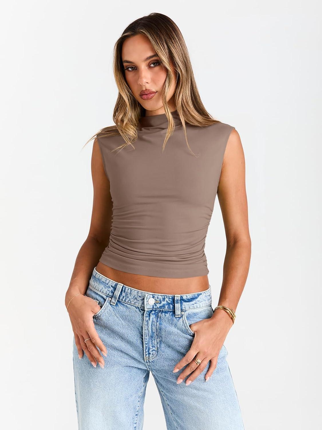 imageTrendy Queen Womens Going Out Basic Tank Tops Mock Neck Spring Clothes Sleeveless Cute Shirts Summer Y2K Sexy Outfits 2025Coffeegrey