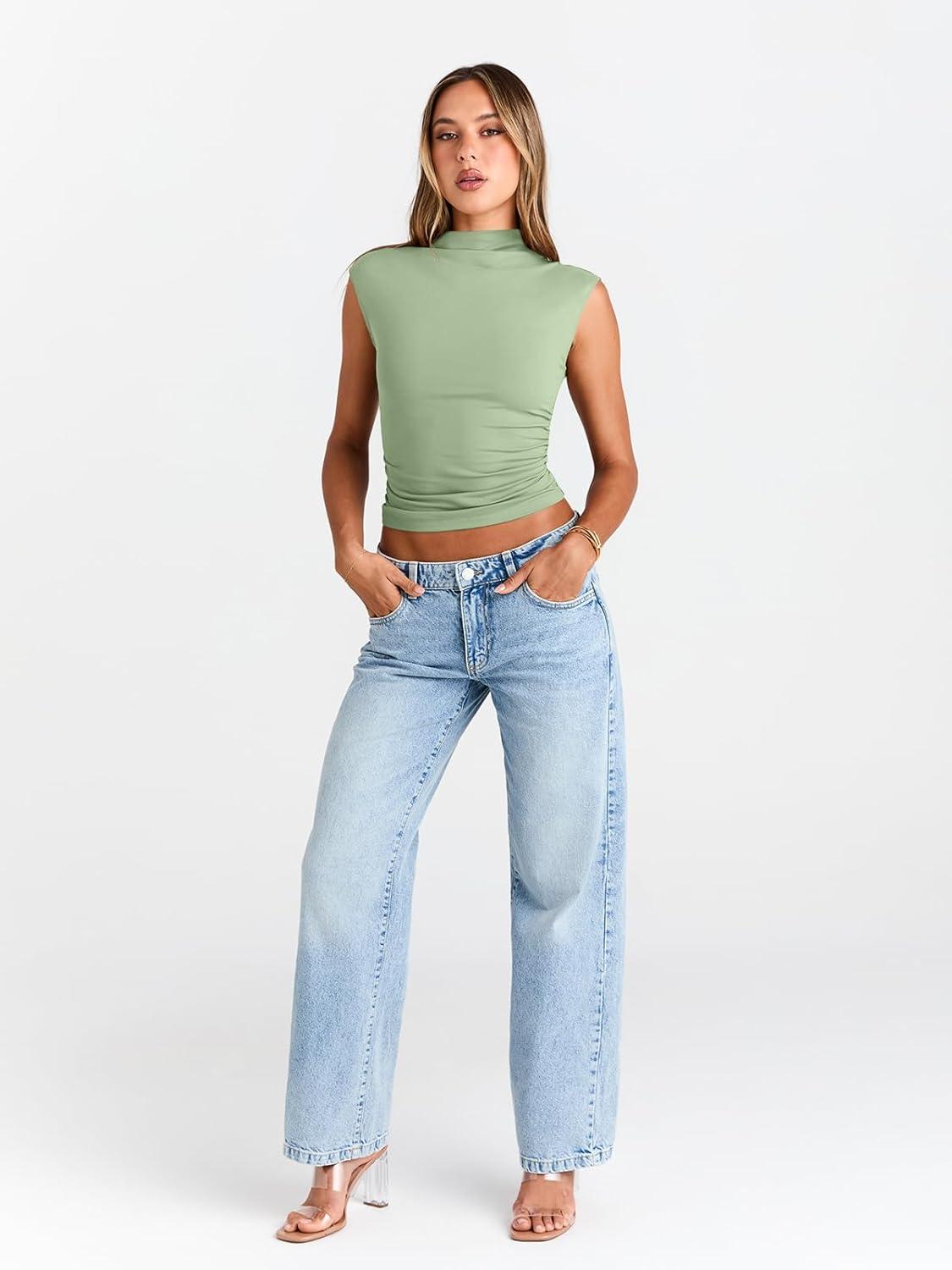 imageTrendy Queen Womens Going Out Basic Tank Tops Mock Neck Spring Clothes Sleeveless Cute Shirts Summer Y2K Sexy Outfits 2025Green