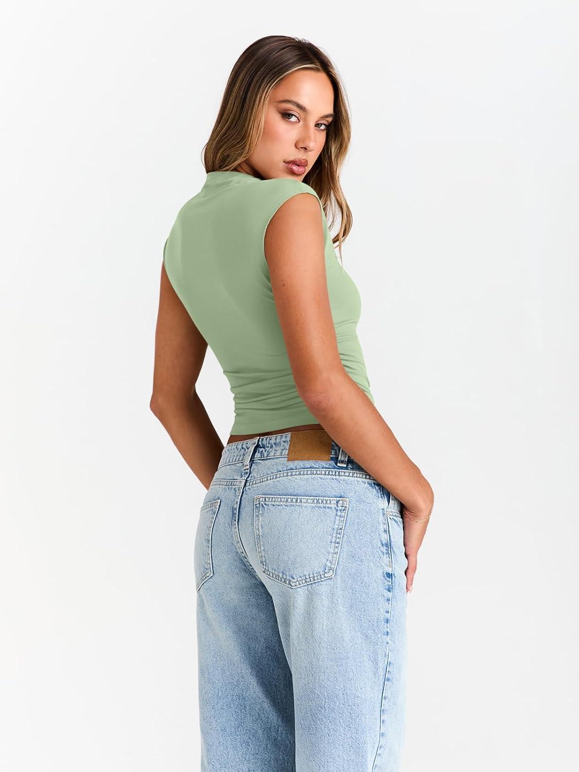imageTrendy Queen Womens Going Out Basic Tank Tops Mock Neck Spring Clothes Sleeveless Cute Shirts Summer Y2K Sexy Outfits 2025Green