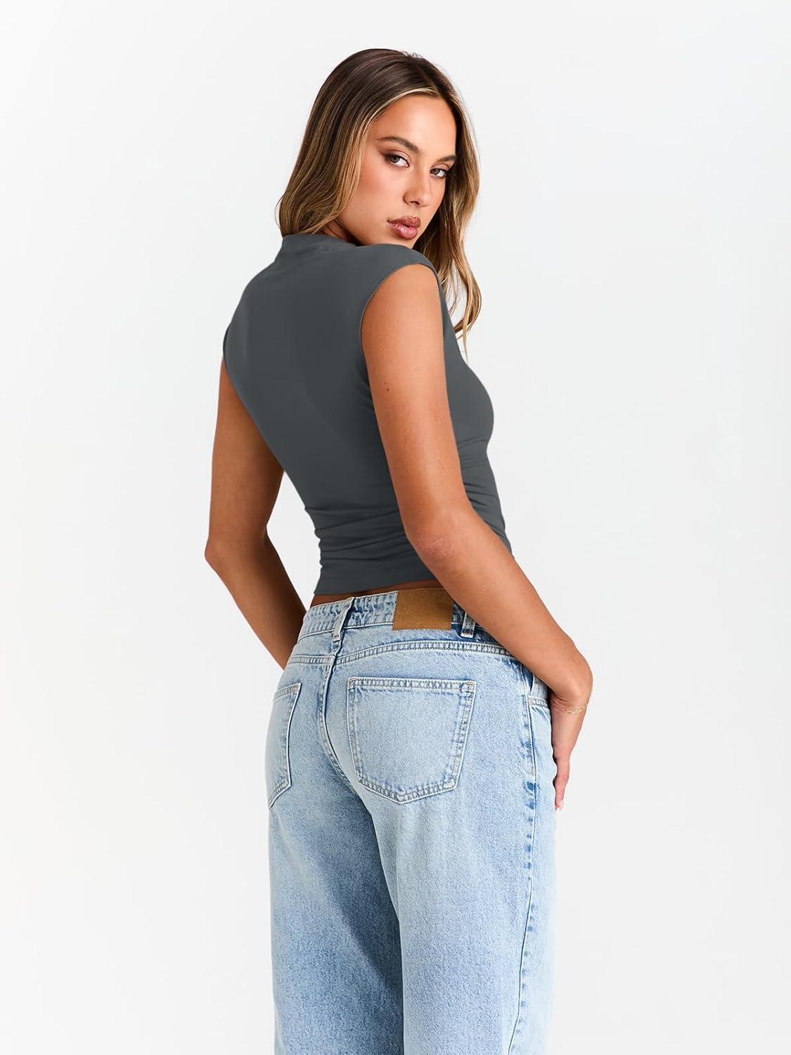 imageTrendy Queen Womens Going Out Basic Tank Tops Mock Neck Spring Clothes Sleeveless Cute Shirts Summer Y2K Sexy Outfits 2025Grey