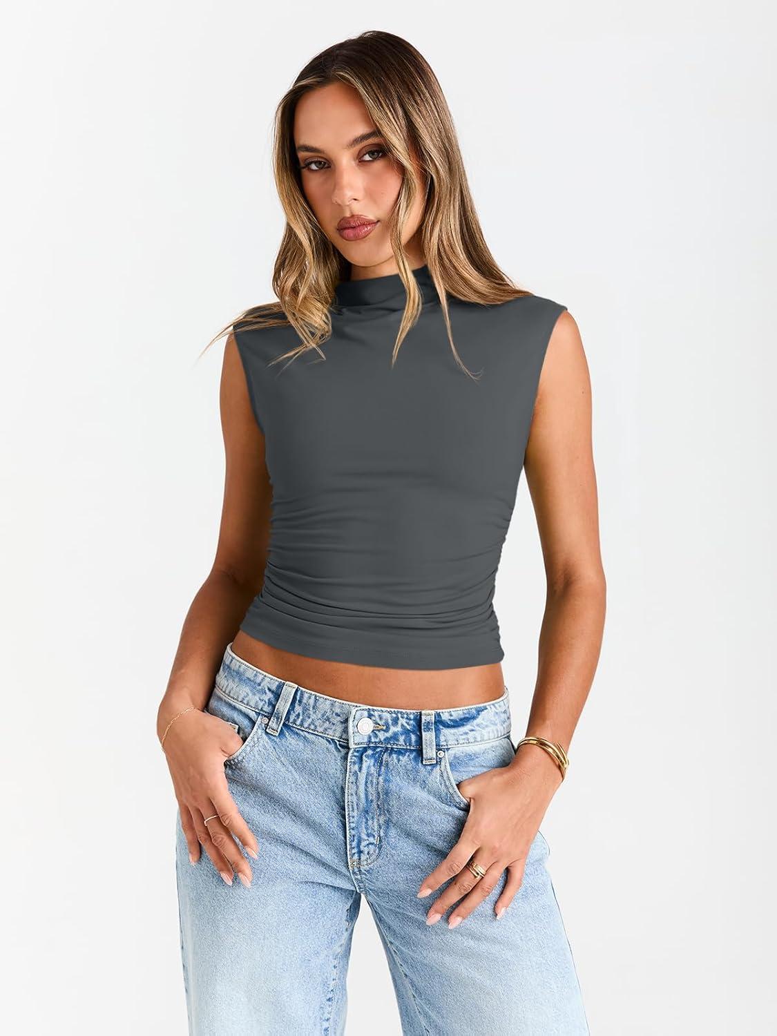 imageTrendy Queen Womens Going Out Basic Tank Tops Mock Neck Spring Clothes Sleeveless Cute Shirts Summer Y2K Sexy Outfits 2025Grey