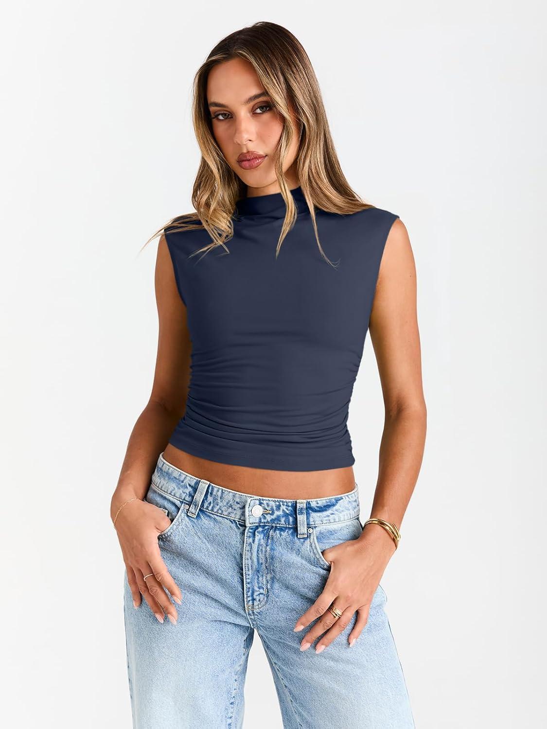 imageTrendy Queen Womens Going Out Basic Tank Tops Mock Neck Spring Clothes Sleeveless Cute Shirts Summer Y2K Sexy Outfits 2025Navy