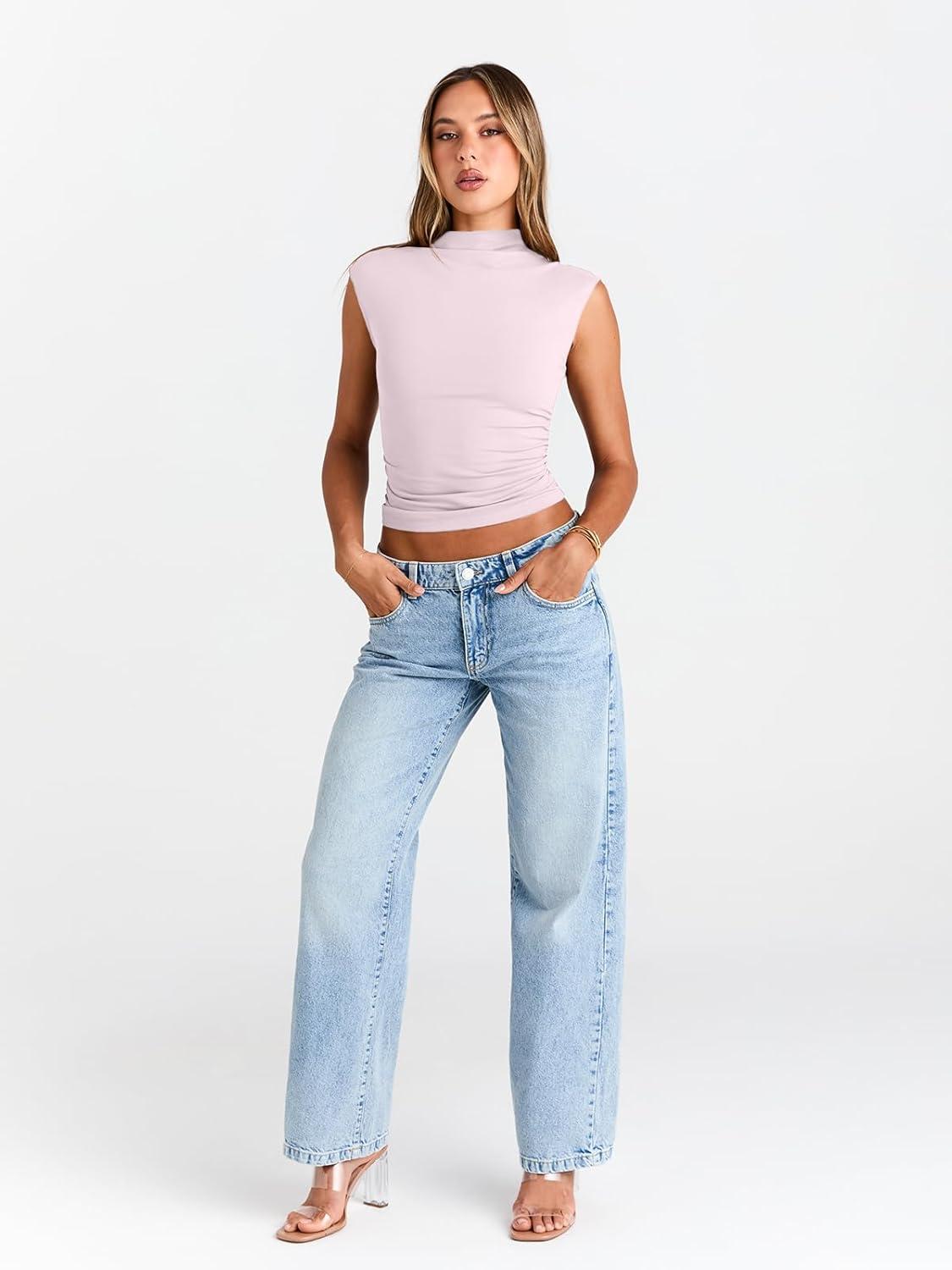 imageTrendy Queen Womens Going Out Basic Tank Tops Mock Neck Spring Clothes Sleeveless Cute Shirts Summer Y2K Sexy Outfits 2025Pink