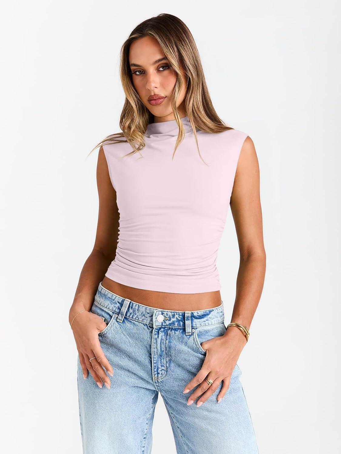 imageTrendy Queen Womens Going Out Basic Tank Tops Mock Neck Spring Clothes Sleeveless Cute Shirts Summer Y2K Sexy Outfits 2025Pink