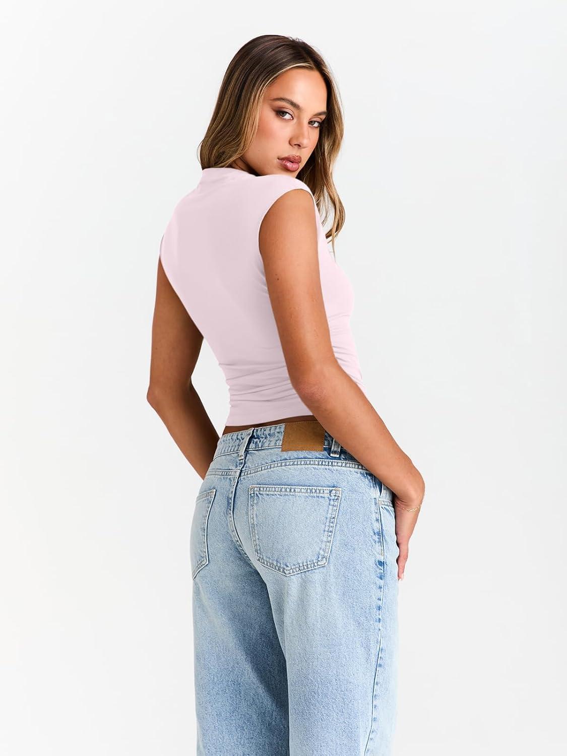 imageTrendy Queen Womens Going Out Basic Tank Tops Mock Neck Spring Clothes Sleeveless Cute Shirts Summer Y2K Sexy Outfits 2025Pink