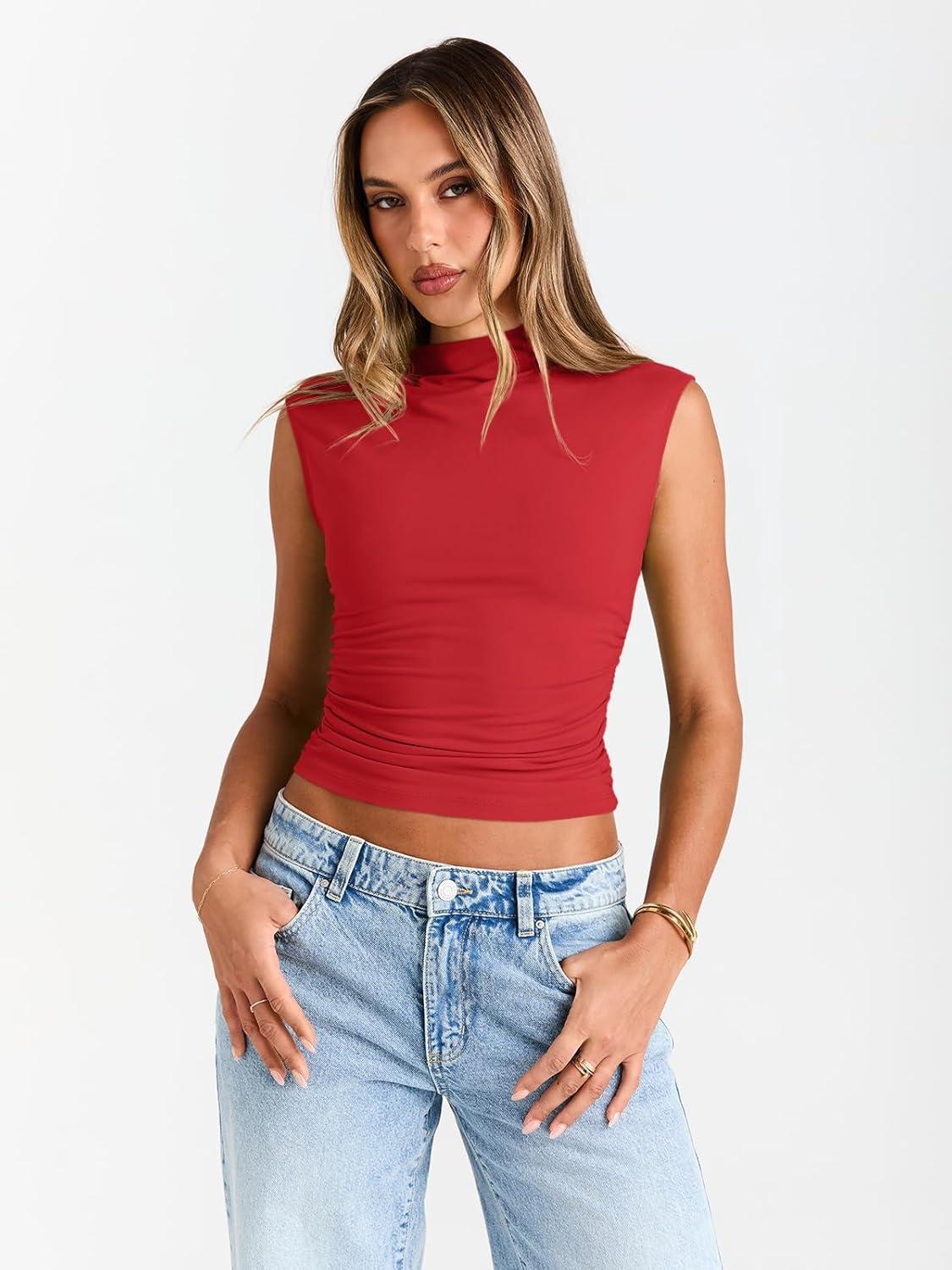 imageTrendy Queen Womens Going Out Basic Tank Tops Mock Neck Spring Clothes Sleeveless Cute Shirts Summer Y2K Sexy Outfits 2025Red