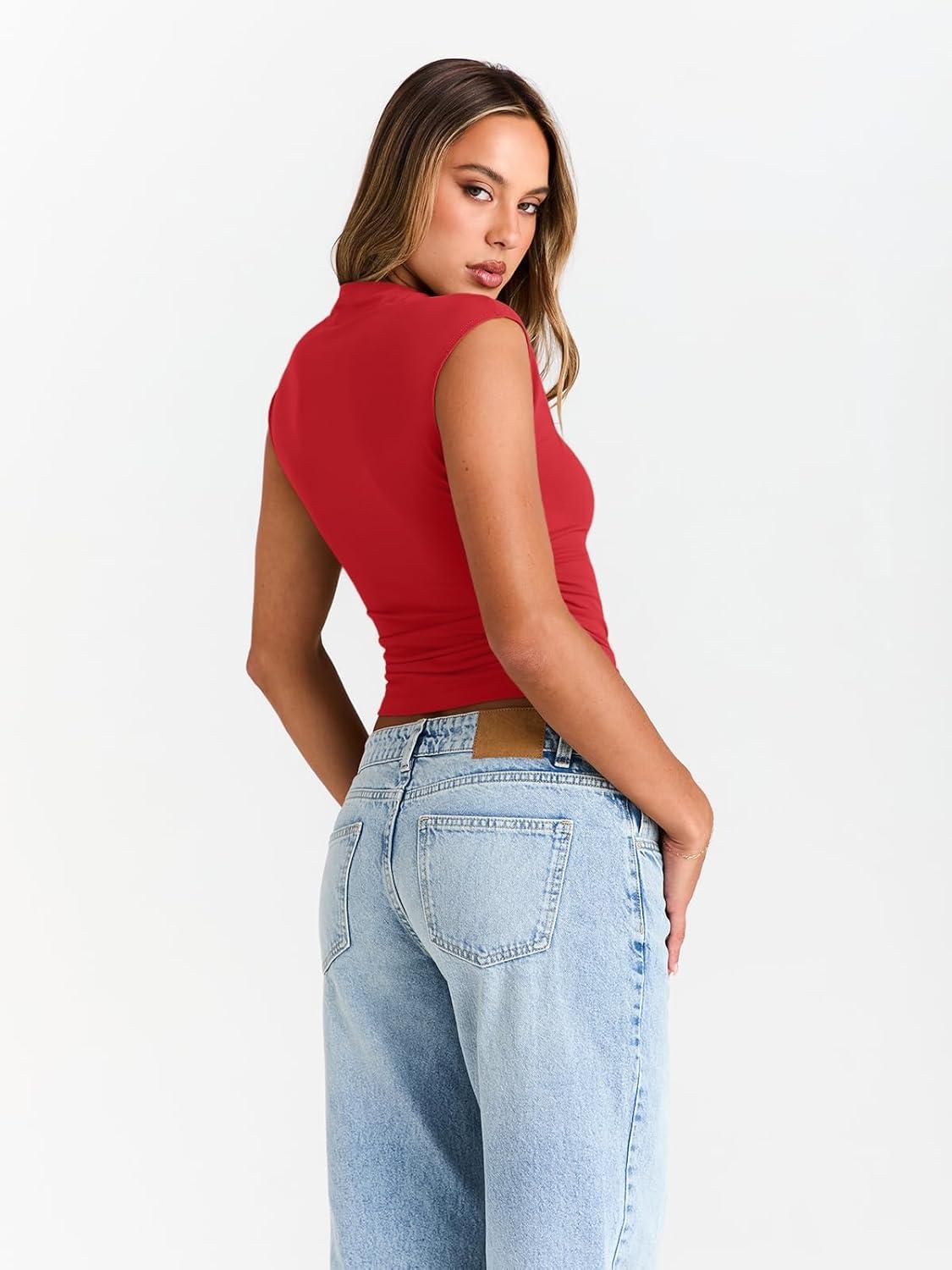 imageTrendy Queen Womens Going Out Basic Tank Tops Mock Neck Spring Clothes Sleeveless Cute Shirts Summer Y2K Sexy Outfits 2025Red