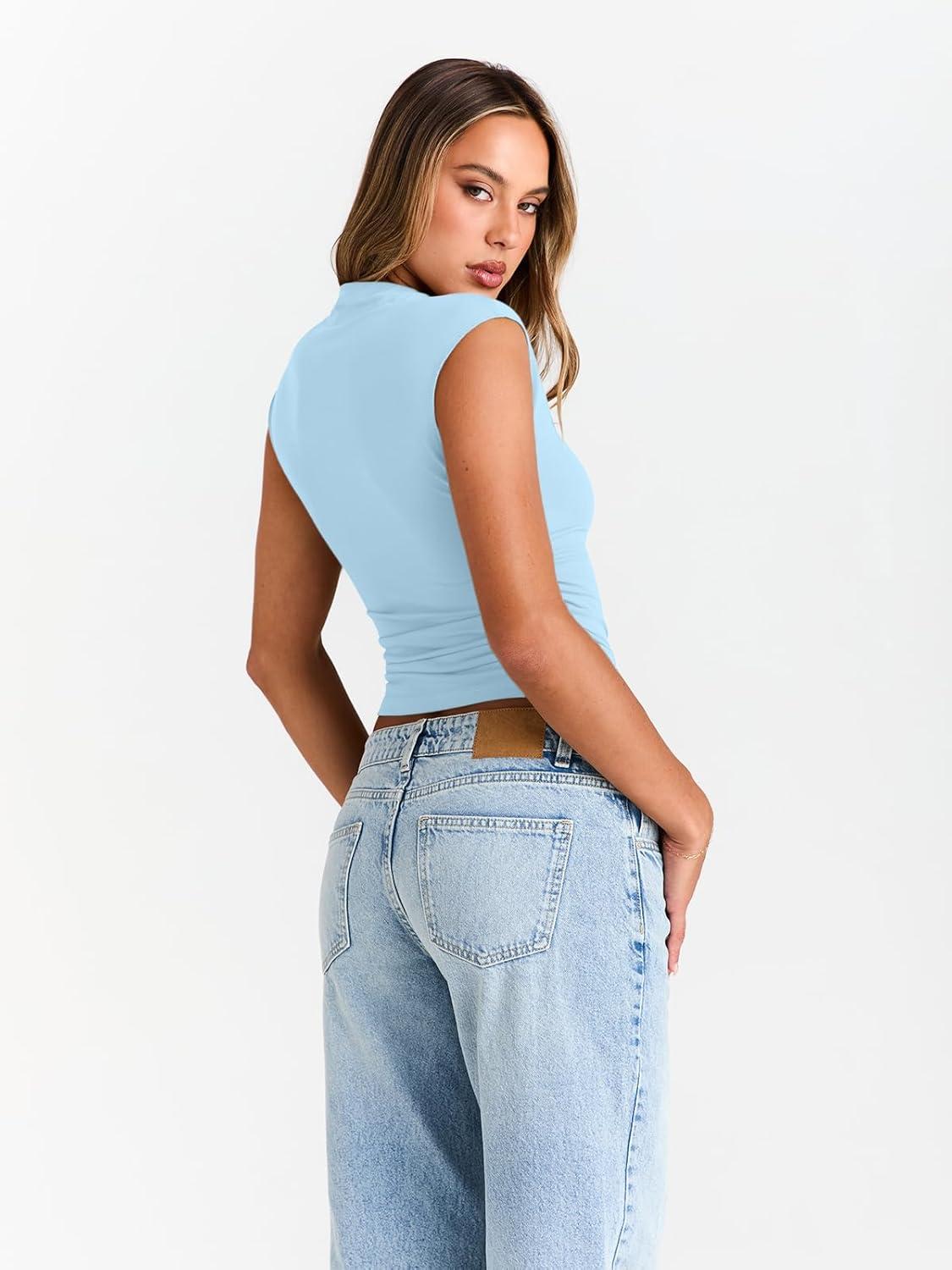 imageTrendy Queen Womens Going Out Basic Tank Tops Mock Neck Spring Clothes Sleeveless Cute Shirts Summer Y2K Sexy Outfits 2025Skyblue