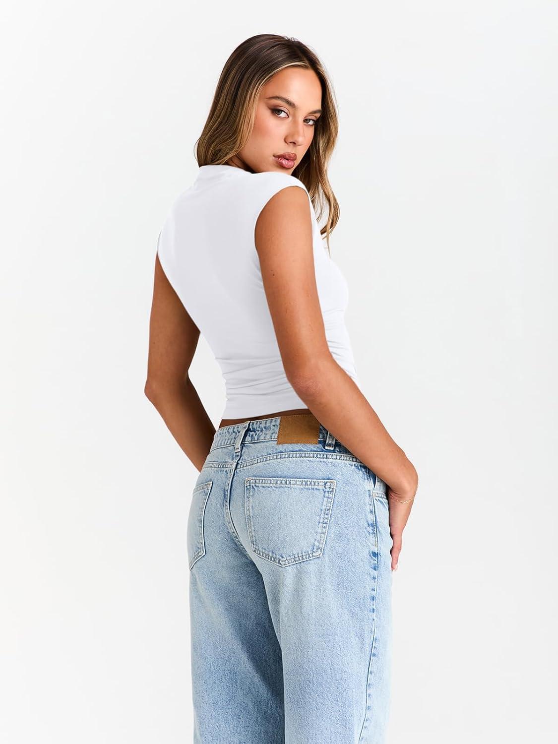 imageTrendy Queen Womens Going Out Basic Tank Tops Mock Neck Spring Clothes Sleeveless Cute Shirts Summer Y2K Sexy Outfits 2025White