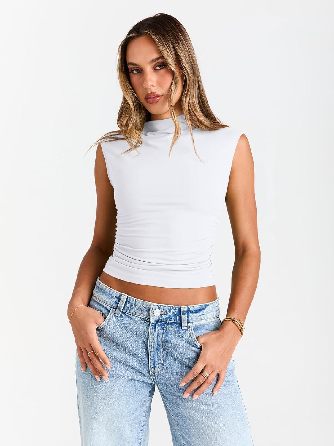 imageTrendy Queen Womens Going Out Basic Tank Tops Mock Neck Spring Clothes Sleeveless Cute Shirts Summer Y2K Sexy Outfits 2025White