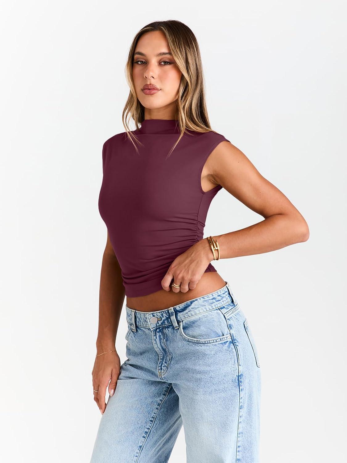 imageTrendy Queen Womens Going Out Basic Tank Tops Mock Neck Spring Clothes Sleeveless Cute Shirts Summer Y2K Sexy Outfits 2025Winered