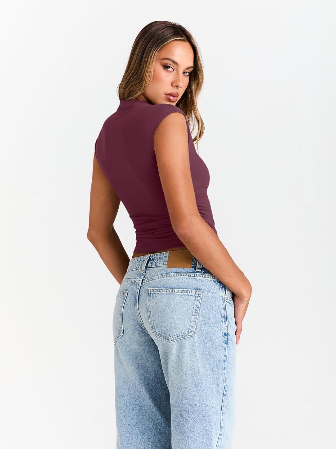 imageTrendy Queen Womens Going Out Basic Tank Tops Mock Neck Spring Clothes Sleeveless Cute Shirts Summer Y2K Sexy Outfits 2025Winered