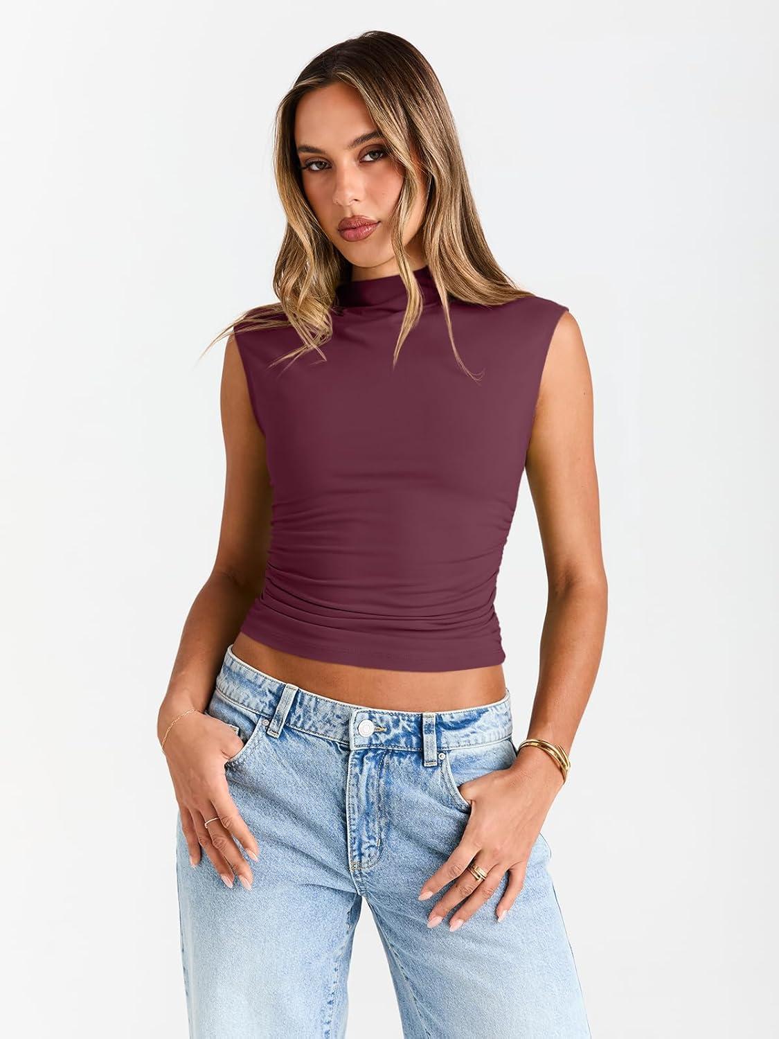 imageTrendy Queen Womens Going Out Basic Tank Tops Mock Neck Spring Clothes Sleeveless Cute Shirts Summer Y2K Sexy Outfits 2025Winered