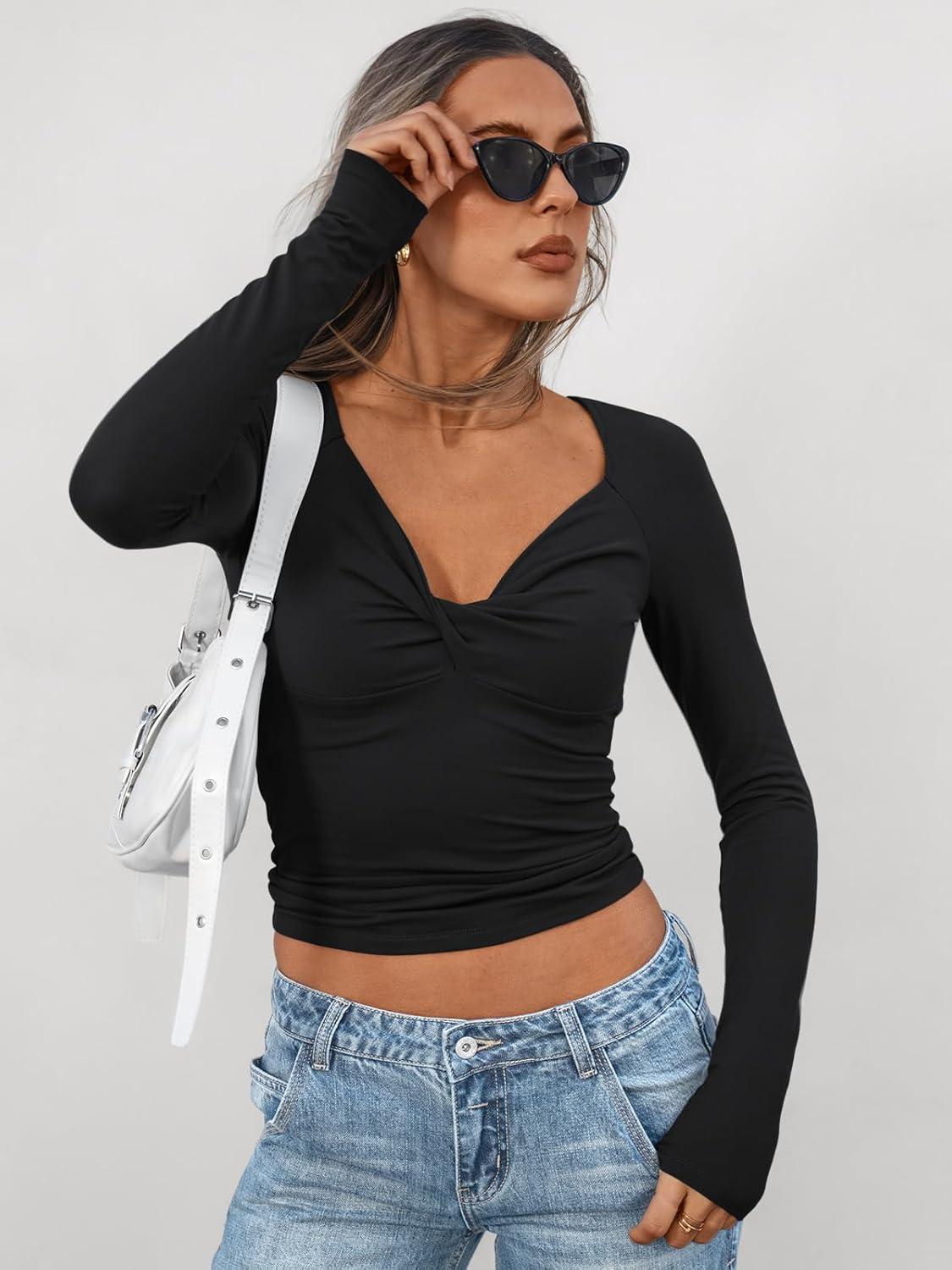 imageTrendy Queen Womens Long Sleeve Y2k Tops Fall Tee Shirts Slim Fitted Tight Cute Casual Fashion Clothes Trendy Going Out Outfits Black Small