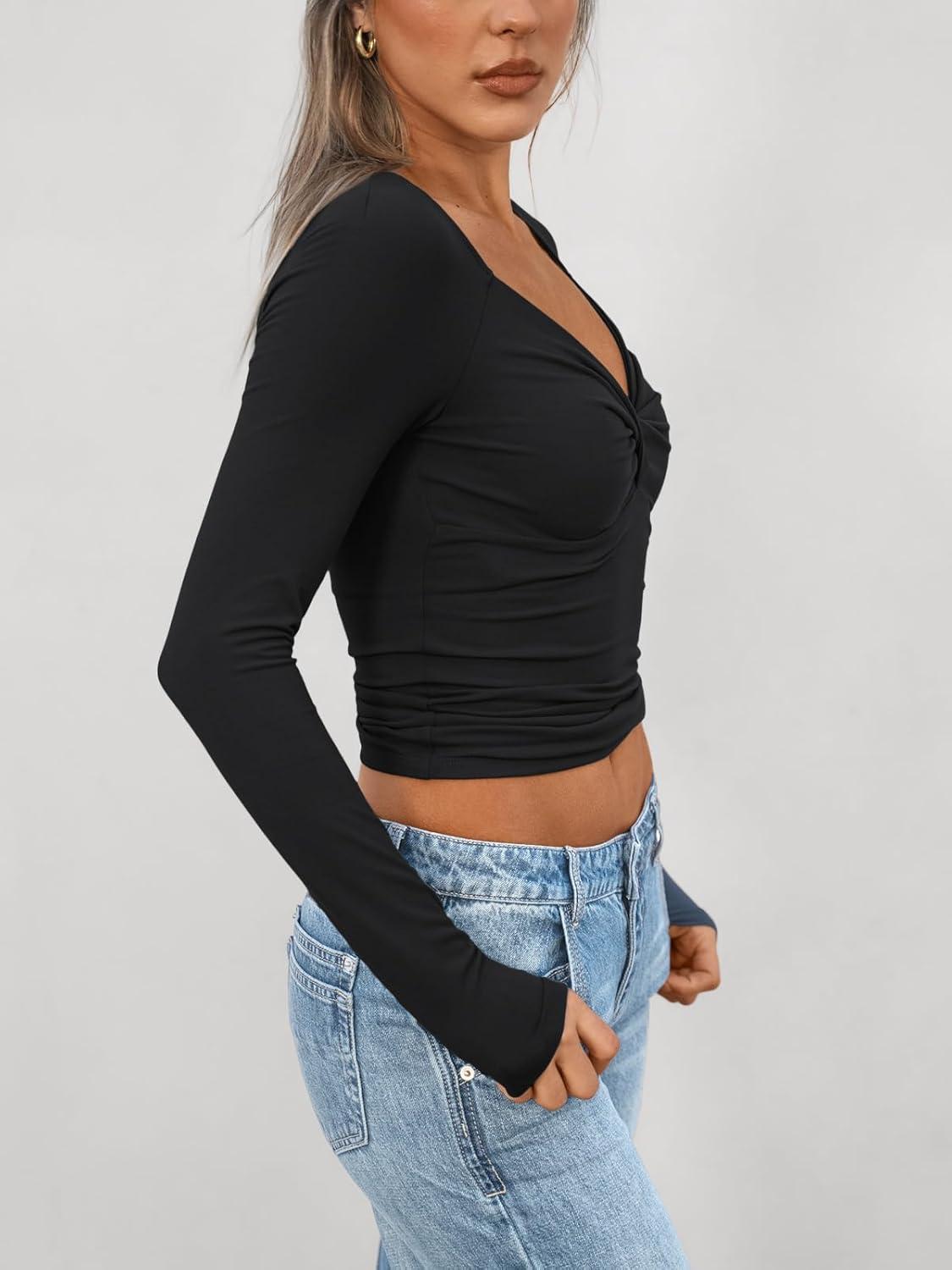 imageTrendy Queen Womens Long Sleeve Y2k Tops Fall Tee Shirts Slim Fitted Tight Cute Casual Fashion Clothes Trendy Going Out Outfits Black Small