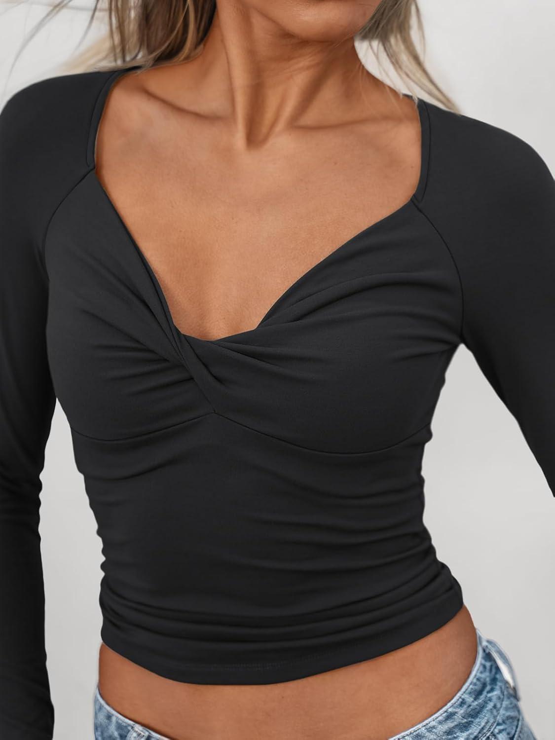 imageTrendy Queen Womens Long Sleeve Y2k Tops Fall Tee Shirts Slim Fitted Tight Cute Casual Fashion Clothes Trendy Going Out Outfits Black Small